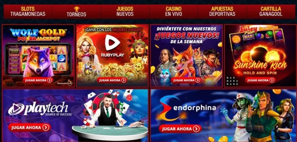 Pantalla de WinChile con tragamonedas y proveedores destacados como Wolf Gold Power Jackpot de Pragmatic Play, RubyPlay, Sunshine Rich Hold and Spin, Playtech y Endorphina, junto a juegos nuevos de la semana con temática del oeste y animales.